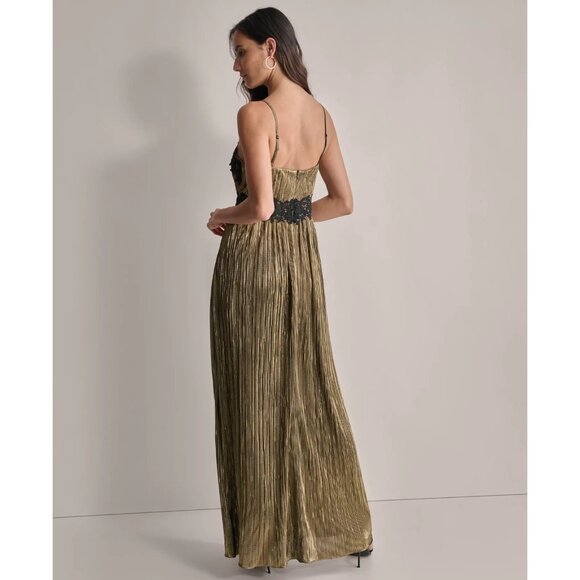 DKNY Women's Pleated Metallic Lace-Trim Sleeveless Gown Gold Size 14 - Picture 4 of 4